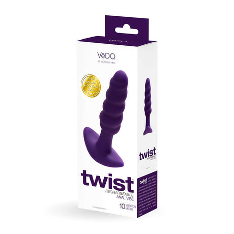 VeDO Twist Rechargeable Silicone Vibrating Anal Plug Purple in packaging, showcasing its beaded design and brand.