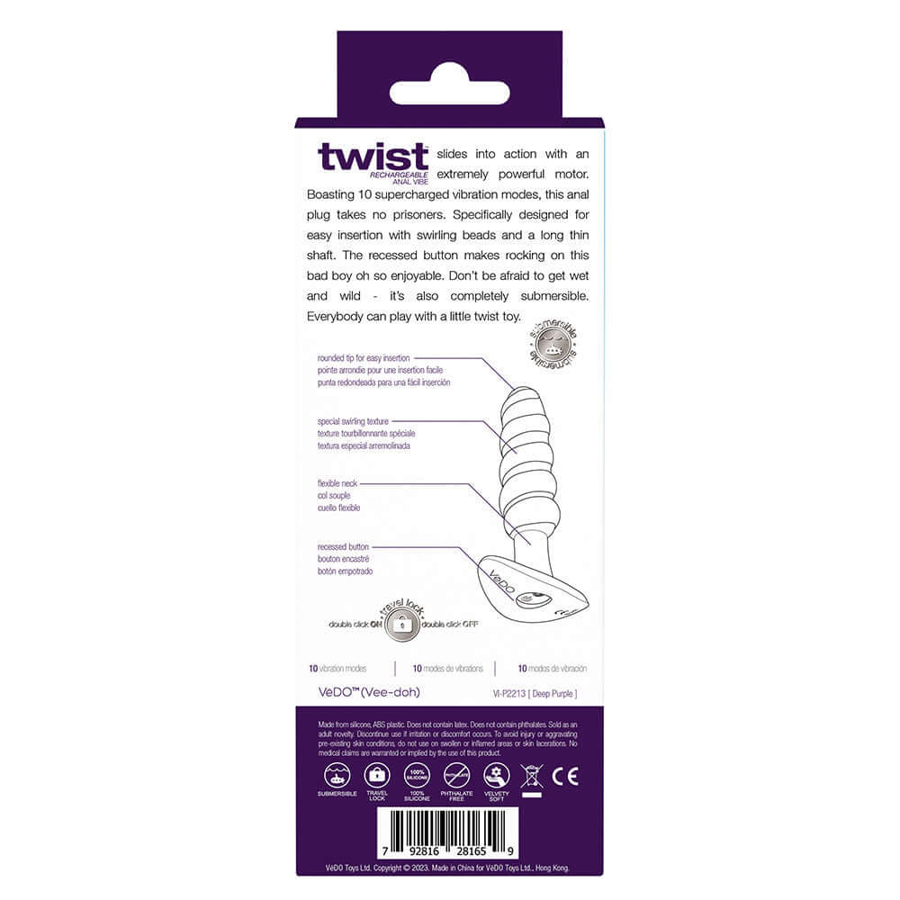 VeDO Twist Rechargeable Silicone Vibrating Anal Plug Purple packaging with detailed features and instructions.