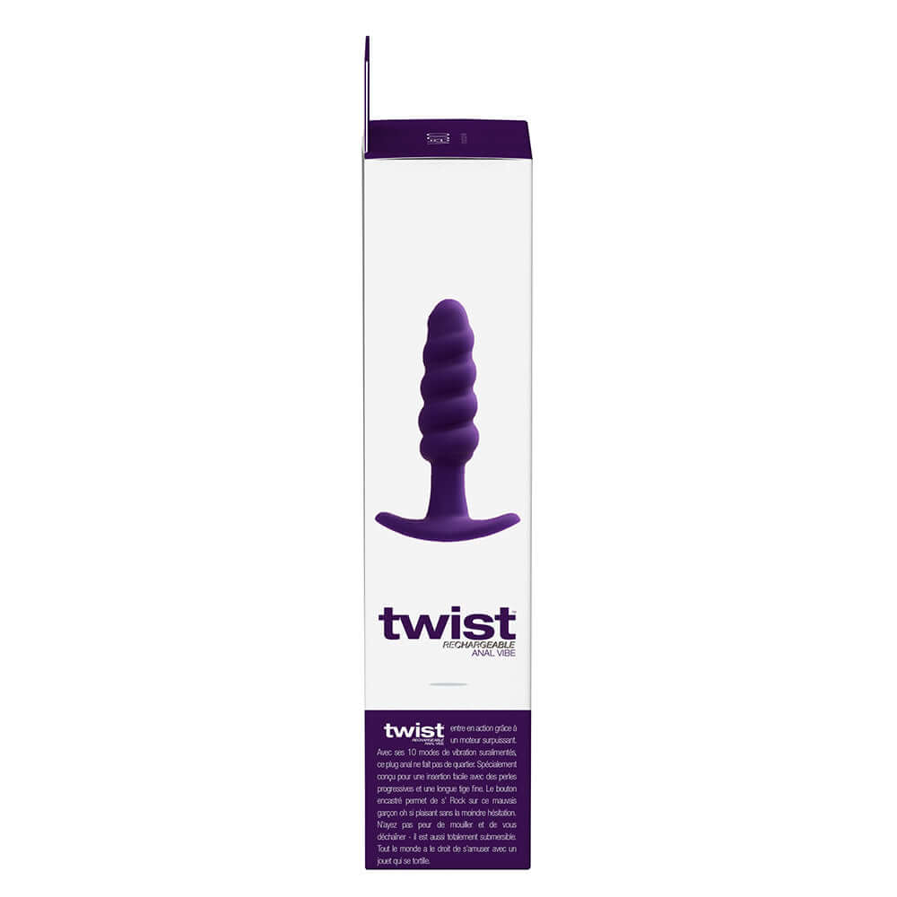 VeDO Twist Rechargeable Silicone Vibrating Anal Plug Purple packaging showing design and features.