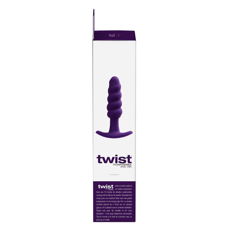 VeDO Twist Rechargeable Silicone Vibrating Anal Plug Purple packaging showing design and features.