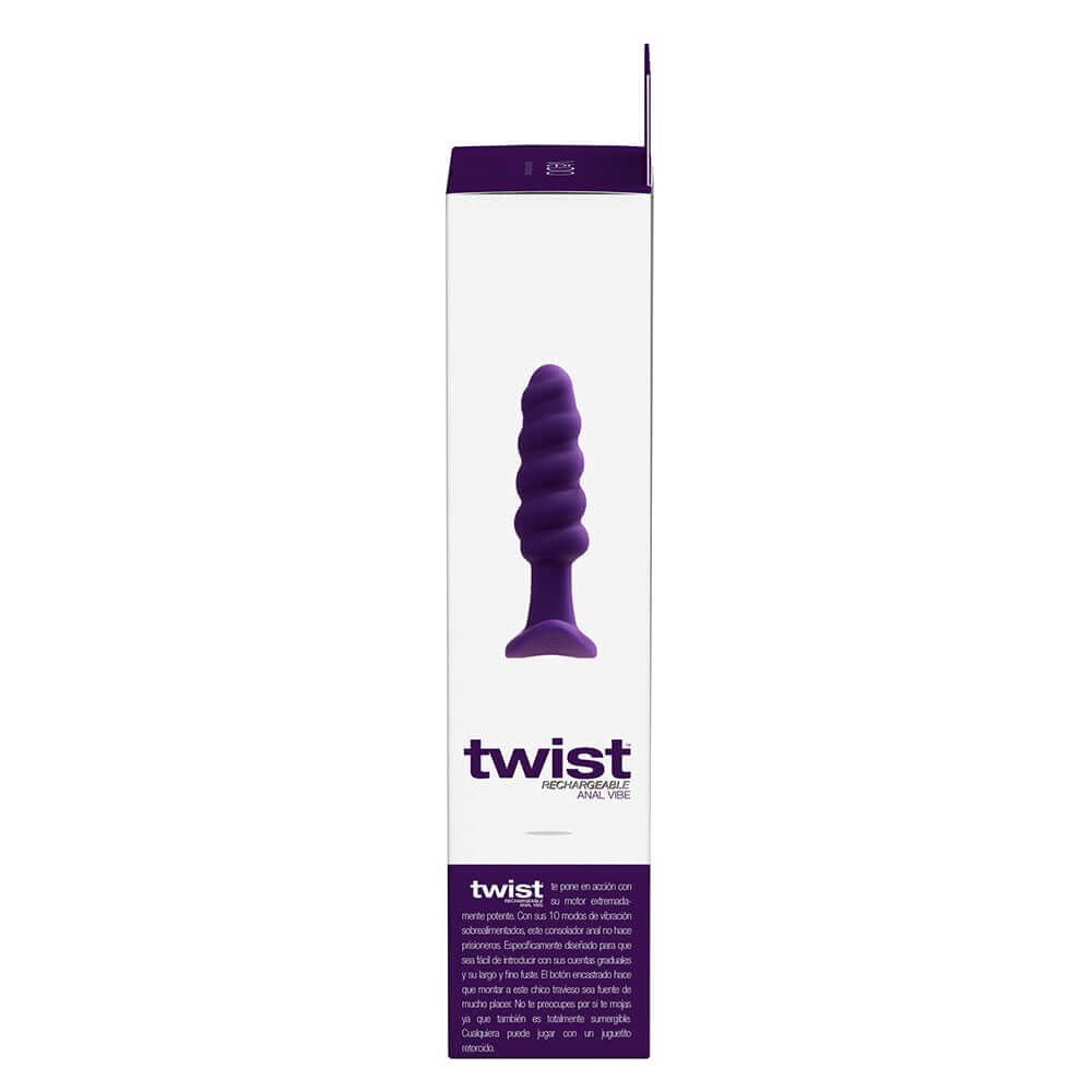 VeDO Twist Rechargeable Silicone Vibrating Anal Plug Purple packaging side view, showcasing its unique swirling design.
