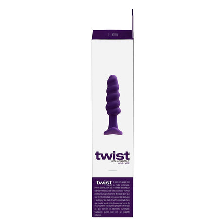 VeDO Twist Rechargeable Silicone Vibrating Anal Plug Purple packaging side view, showcasing its unique swirling design.