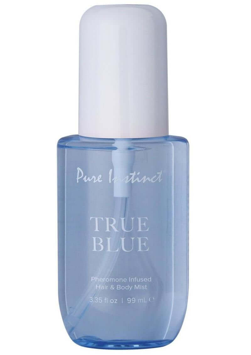 Pure Instinct Pheromone Hair & Body Mist True Blue 3.35 Oz in a blue bottle with white cap.