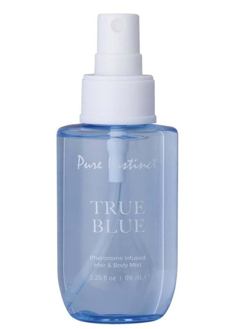 Pure Instinct Pheromone Hair & Body Mist True Blue 3.35 Oz in a sleek spray bottle, perfect for refreshing fragrance.