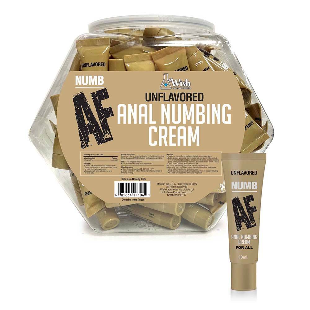 Numb AF Unflavored Anal Numbing Cream 65 Piece Fishbowl with individual cream tubes.