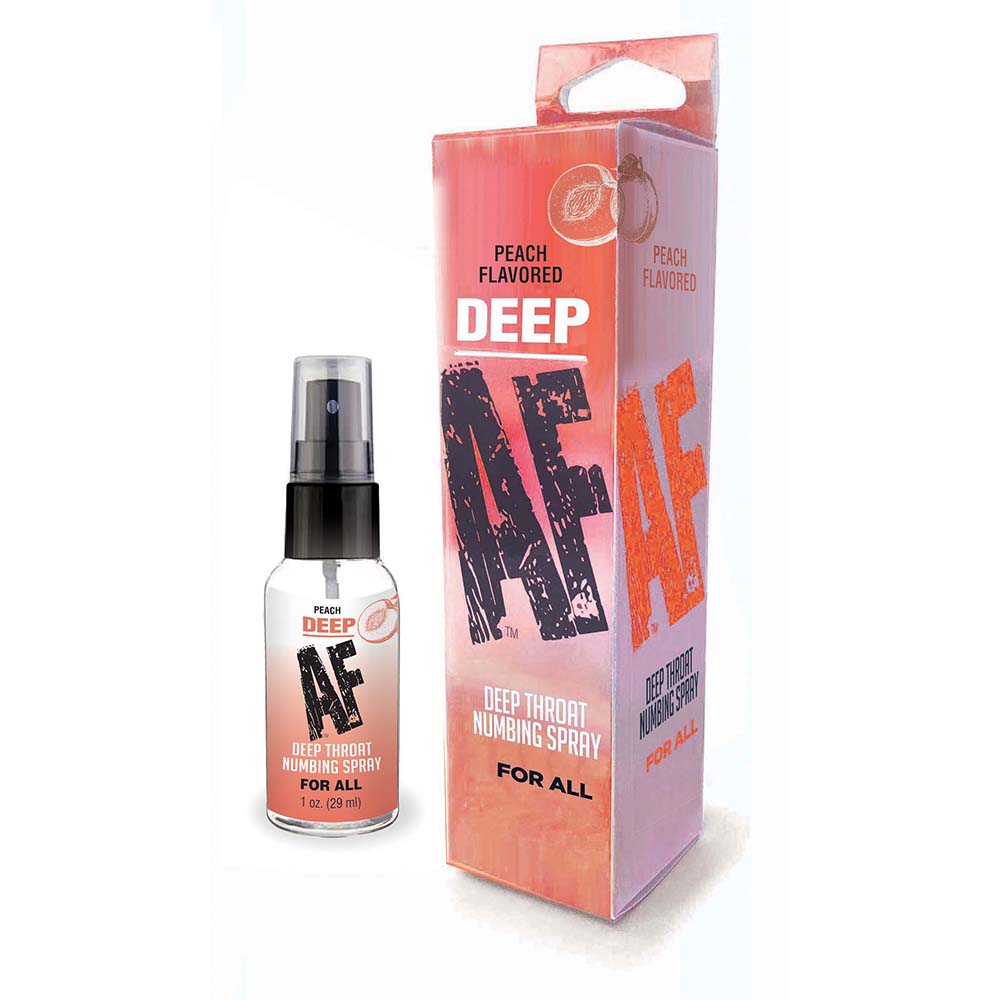 Deep AF Peach Flavored Deep Throat Numbing Spray 1 Oz with packaging for enhanced oral comfort and enjoyment.