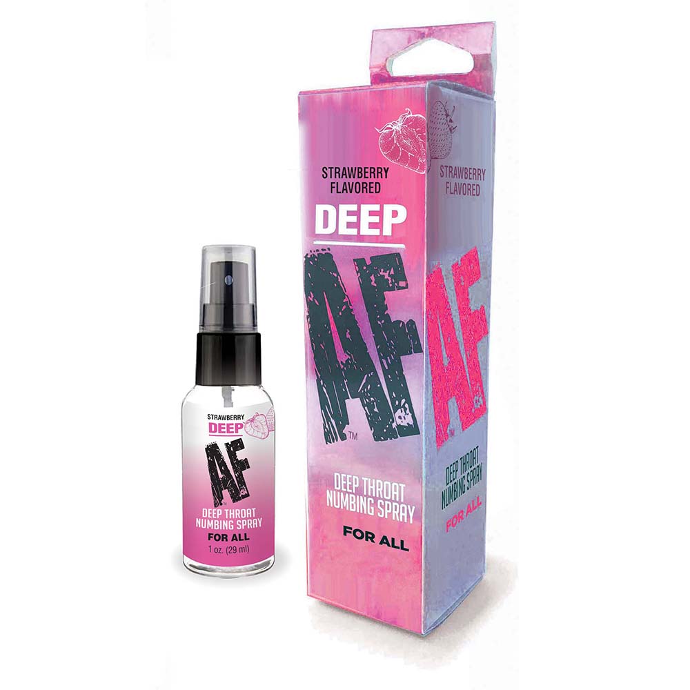 Deep AF Strawberry Flavored Deep Throat Numbing Spray 1 Oz bottle and packaging on display.