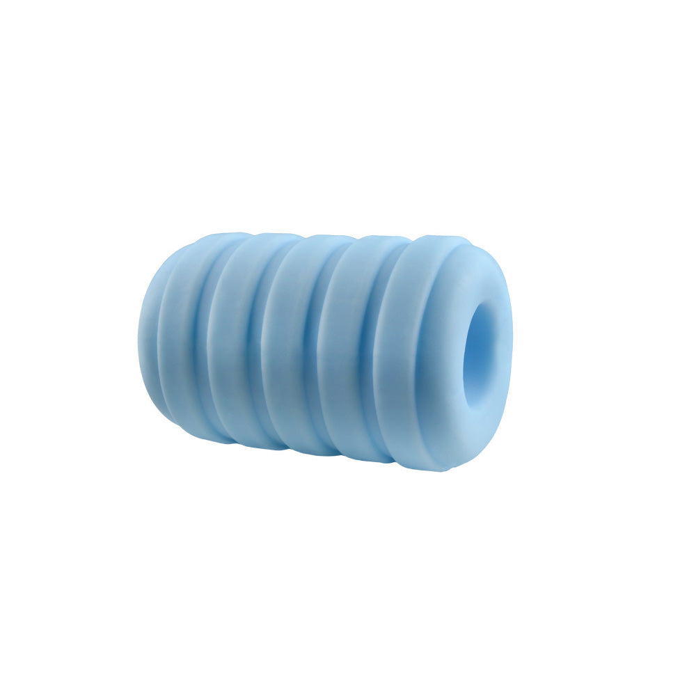 Rock Candy Taffy Puller Textured Masturbator Sleeve in soft blue silicone with ribbed design for enhanced pleasure.