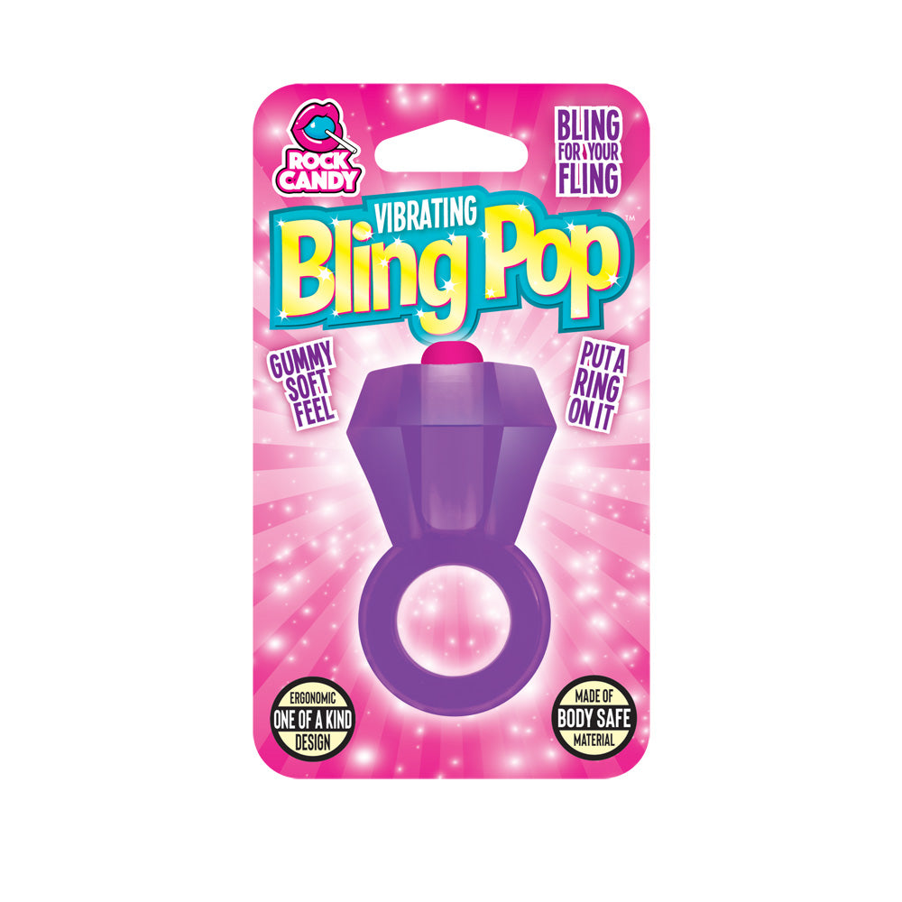 Rock Candy Bling Pop Vibrating Cock Ring Purple packaging featuring a diamond-shaped vibrating gem and soft ring design.