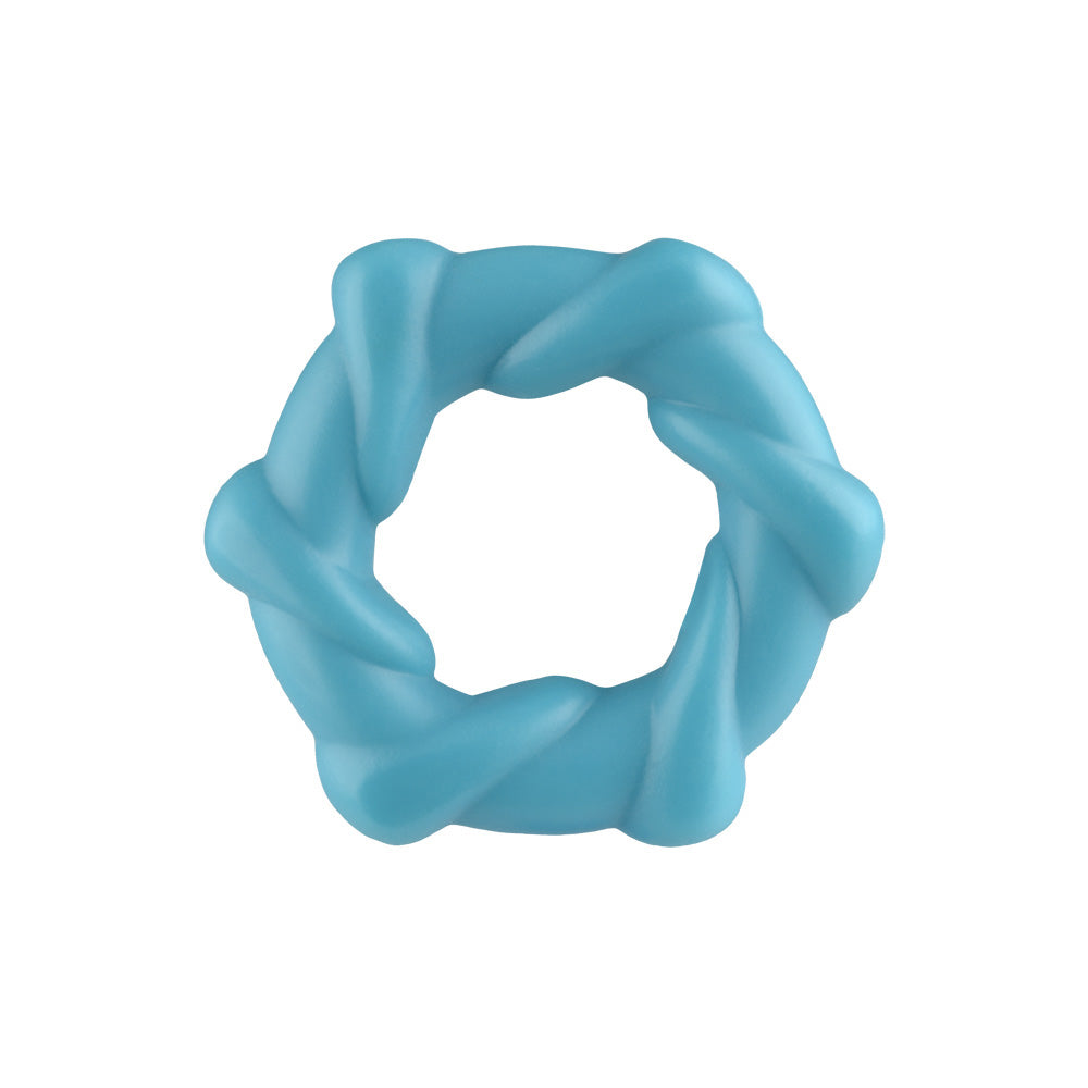 Rock Candy Taffy Twist Twisted Cock Ring Blue, a soft blue spiraled ring designed for enhanced performance.