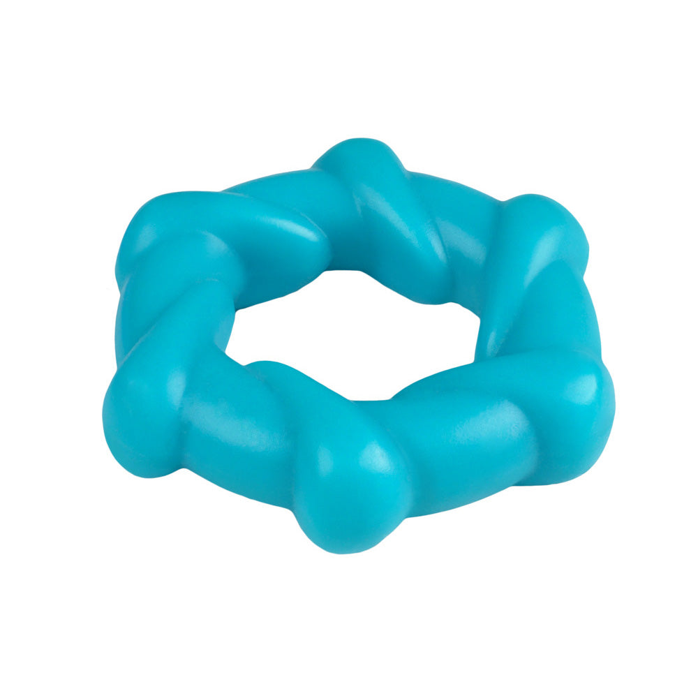 Rock Candy Taffy Twist Twisted Cock Ring Blue, a soft and stretchy blue cock ring designed for enhanced performance.