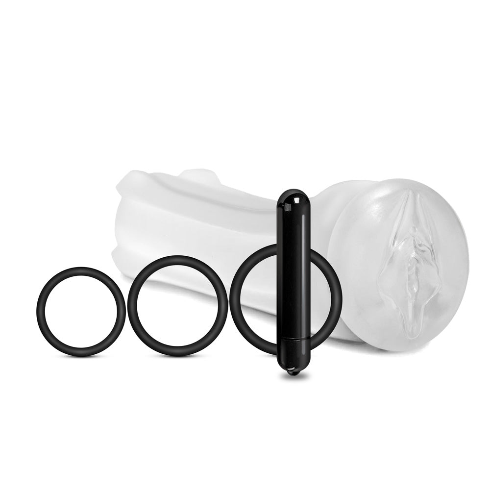 Happy Ending MSTR B8 Vibrating Pussy Pack five-piece pleasure kit with realistic stroker and vibrating bullet.