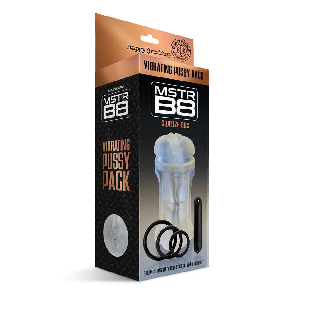 Happy Ending MSTR B8 Vibrating Pussy Pack packaging featuring a realistic stroker and vibrating bullet.