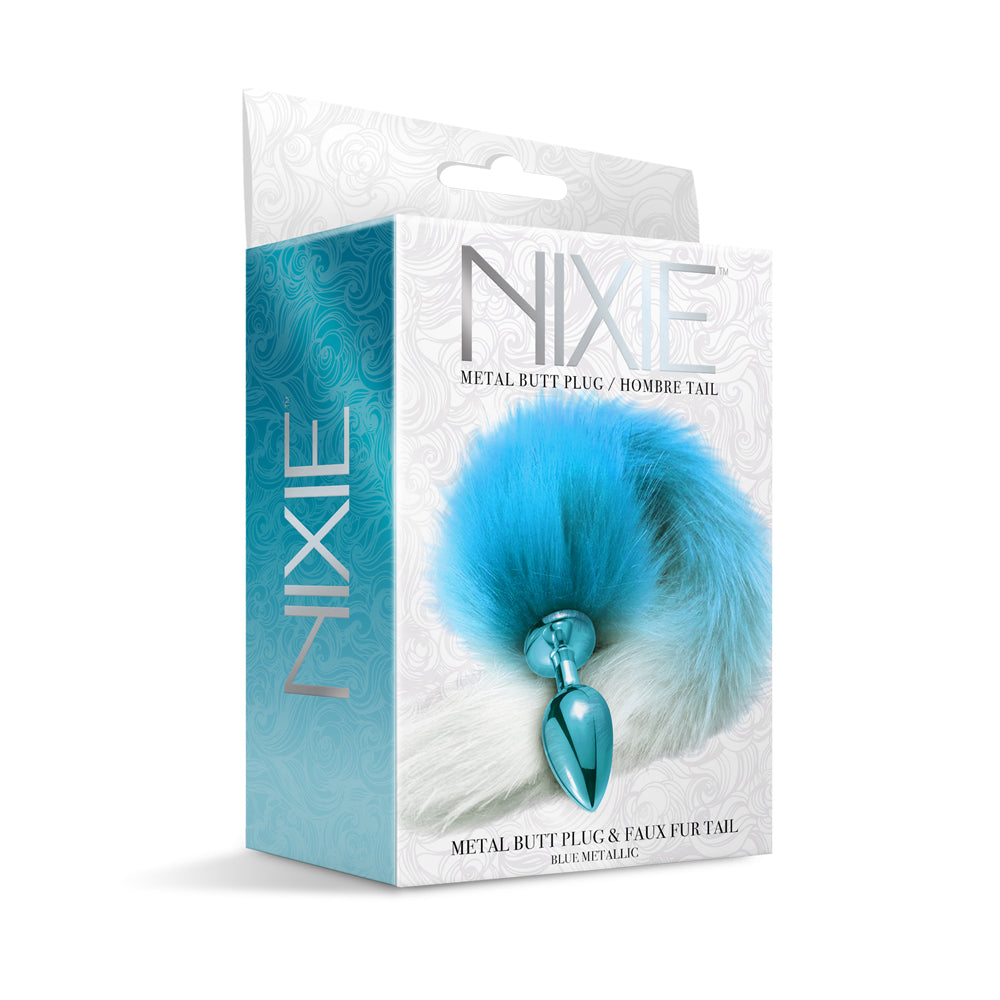 Nixie Metal Butt Plug With Ombre Tail Blue Metallic packaging showcasing a sleek design with a blue ombre tail.
