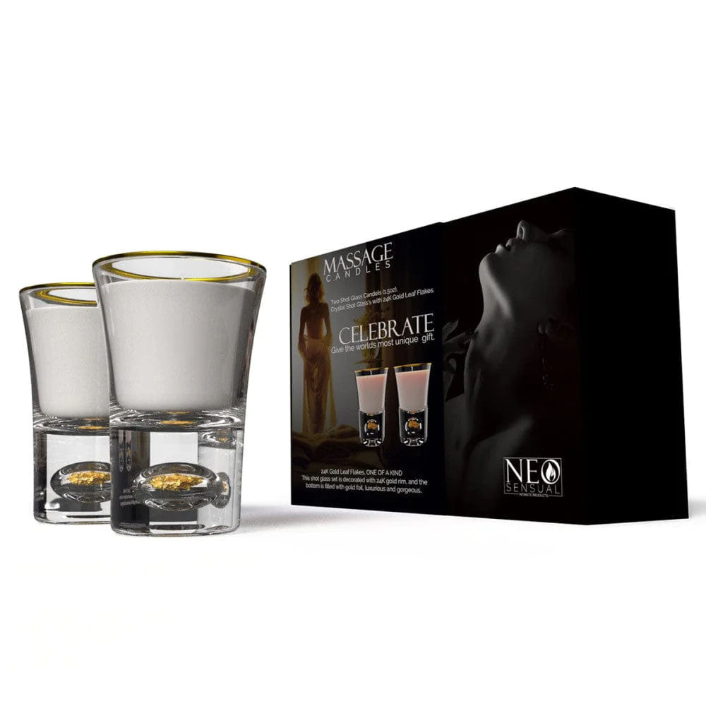 Neo Sensual Celebrate Duo Massage Candles 1 oz in elegant packaging with two glass candle holders.