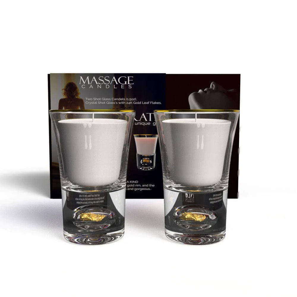 Neo Sensual Celebrate Duo Massage Candles 1 oz in elegant glass holders with gold leaf flakes and packaging.