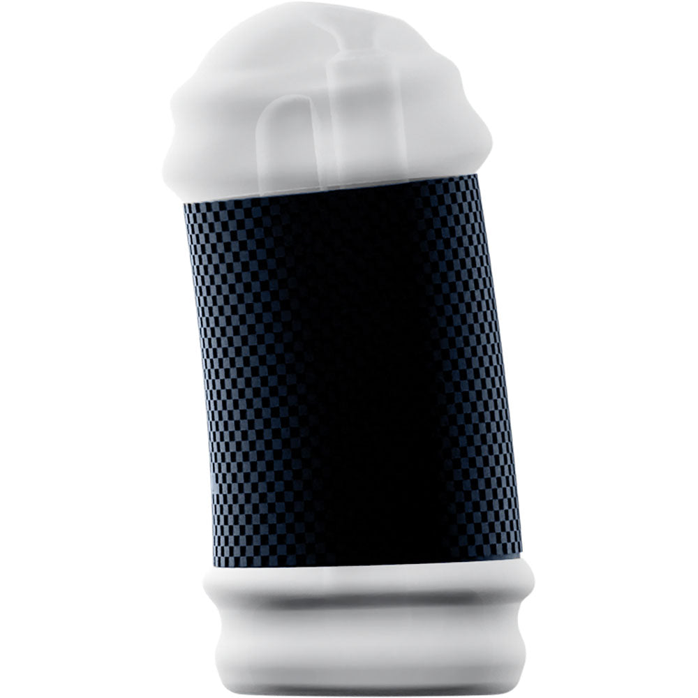 Vedo Spank Rechargeable Vibrating Stroker Clear showcasing its unique design and ergonomic shape for enhanced pleasure.
