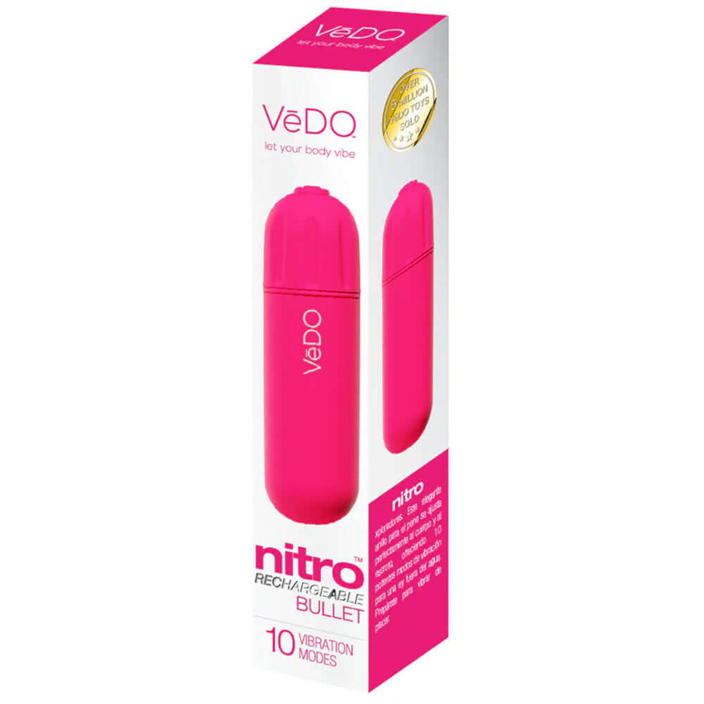 Vedo Nitro Rechargeable Bullet Pink packaging featuring a vibrant pink design and 10 vibration modes.