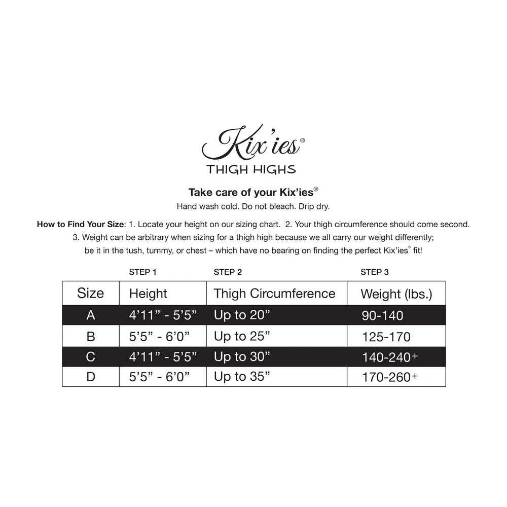 Kixies Black Rhinestone Mardi Gras Tights Size C sizing chart for thigh highs, showing height, thigh circumference, and weight.