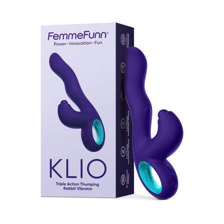 FemmeFunn Klio Triple Action Thumping Rabbit Vibrator Purple in packaging, showcasing its ergonomic design and vibrant color.