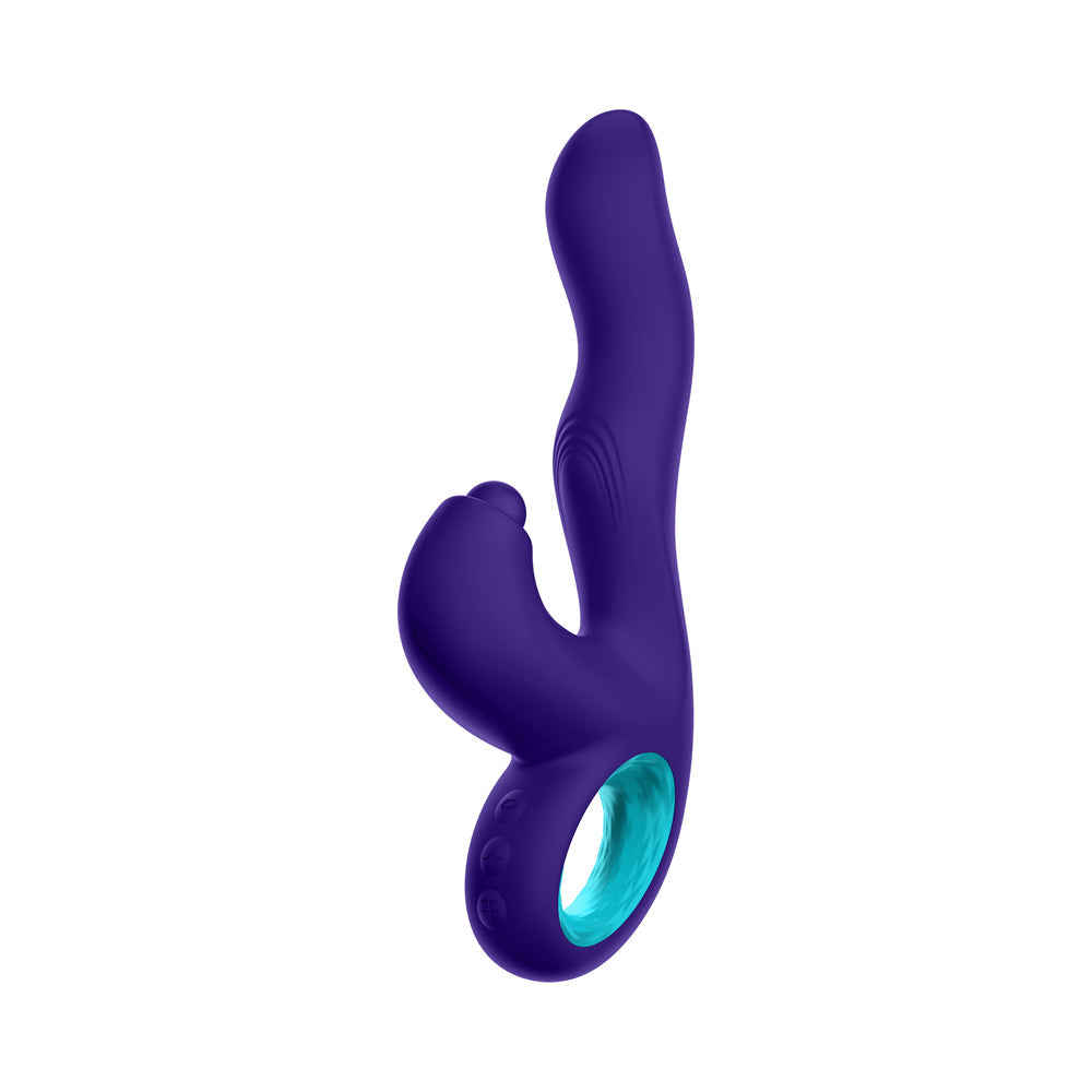 FemmeFunn Klio Triple Action Thumping Rabbit Vibrator Purple displayed at an angle, showcasing its ergonomic design.