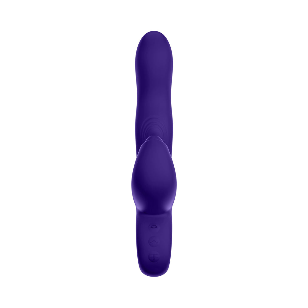 FemmeFunn Klio Triple Action Thumping Rabbit Vibrator Purple displayed from above, showcasing its ergonomic design and sleek shape.