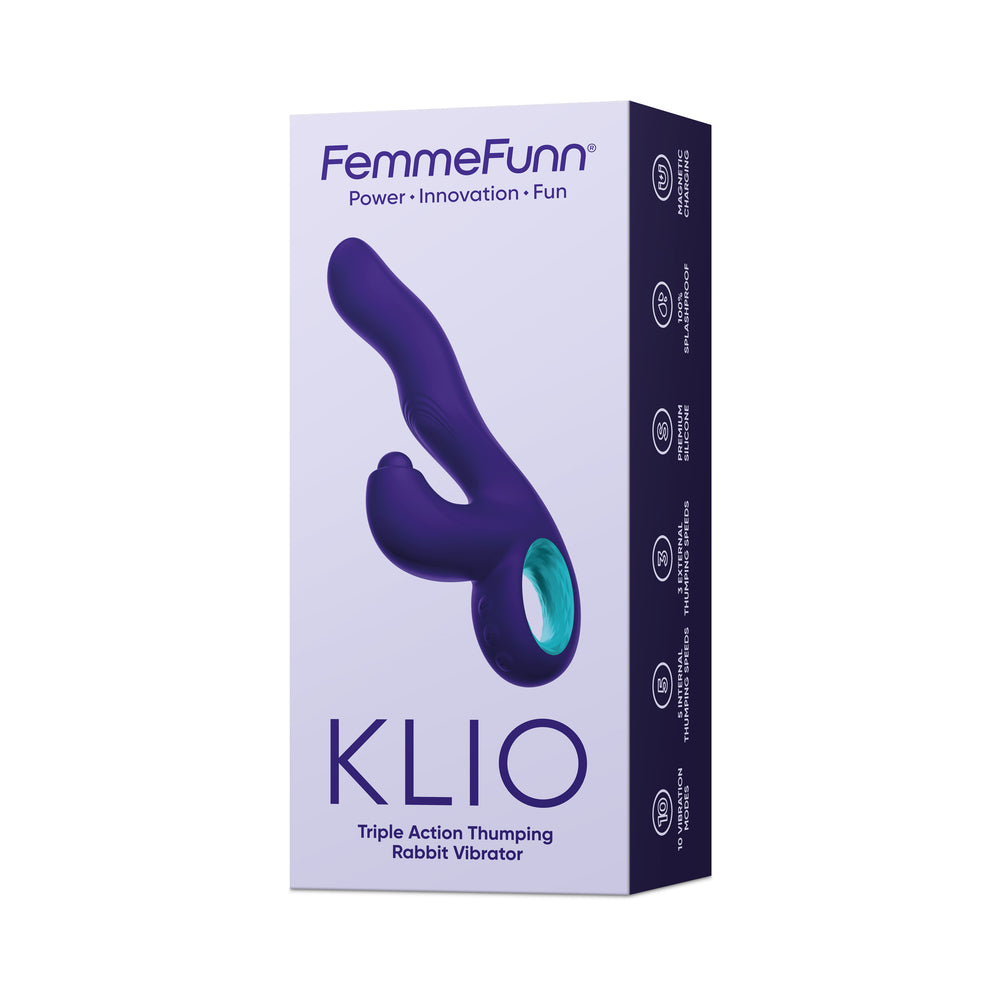 FemmeFunn Klio Triple Action Thumping Rabbit Vibrator Purple packaging with ergonomic design and vibrant color.