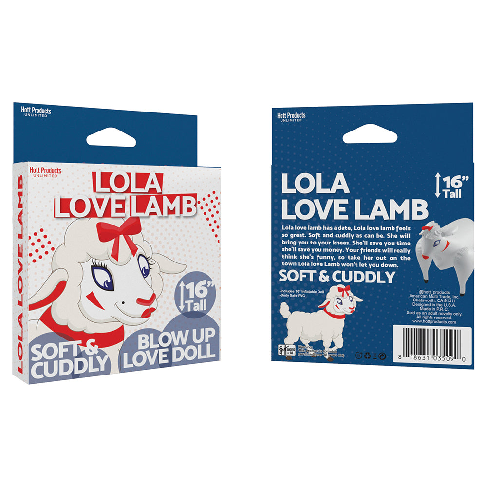 Lola Love Lamb Blow Up Sheep soft and cuddly love doll packaging, highlighting 16" size and playful design.