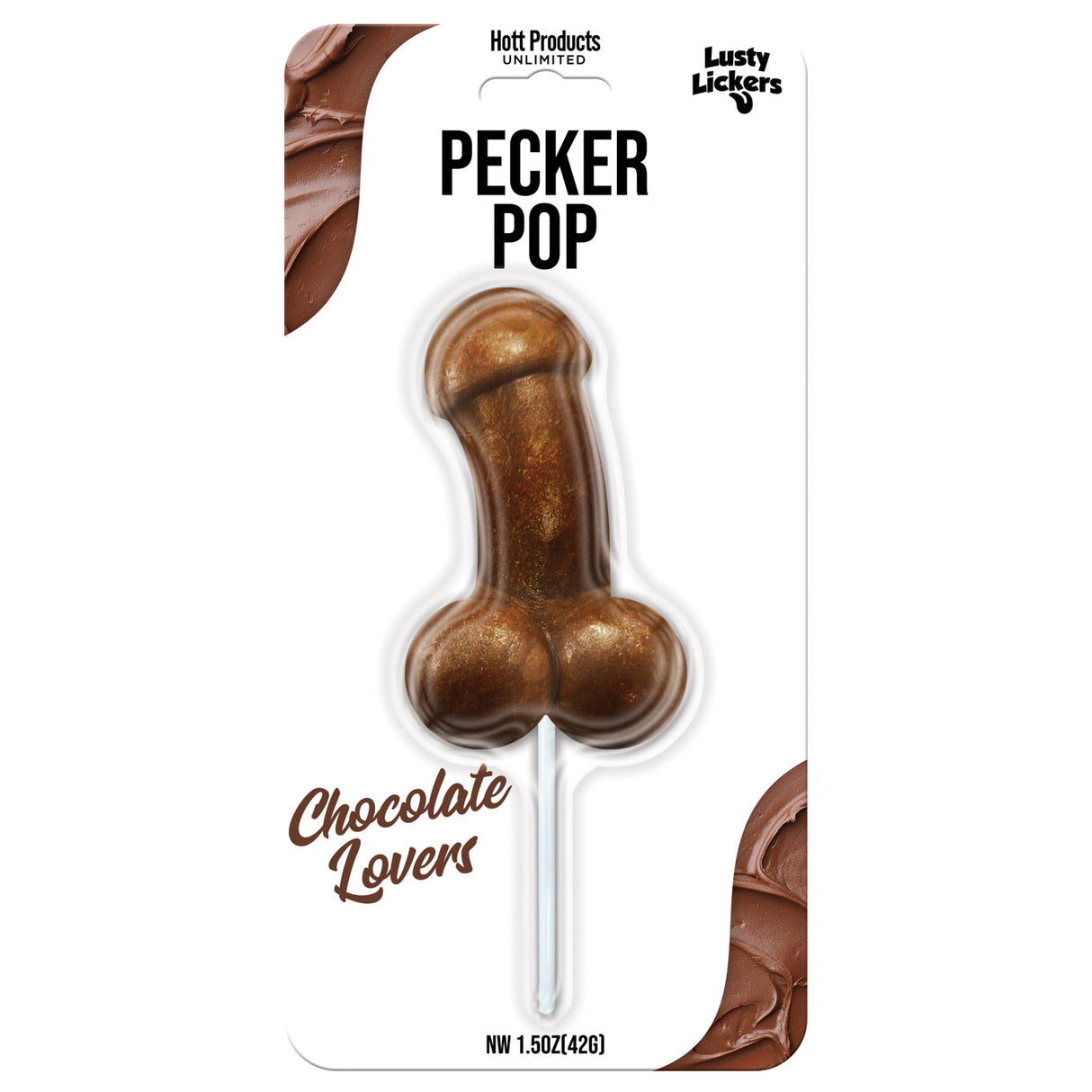 Pecker Pop Chocolate Lovers novelty treat shaped like a penis on a stick, perfect for parties and adult-themed events.