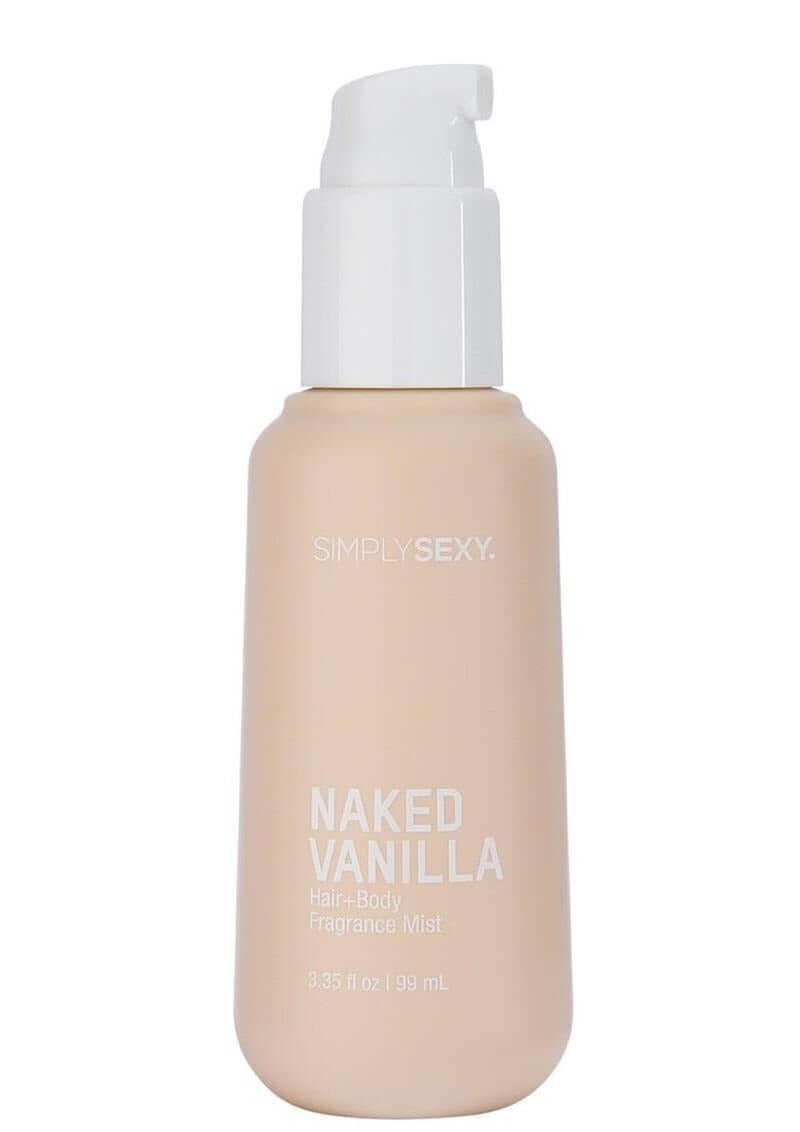 Simply Sexy Pheromone Hair & Body Mist Naked Vanilla 3.35 Oz bottle with a pump dispenser.