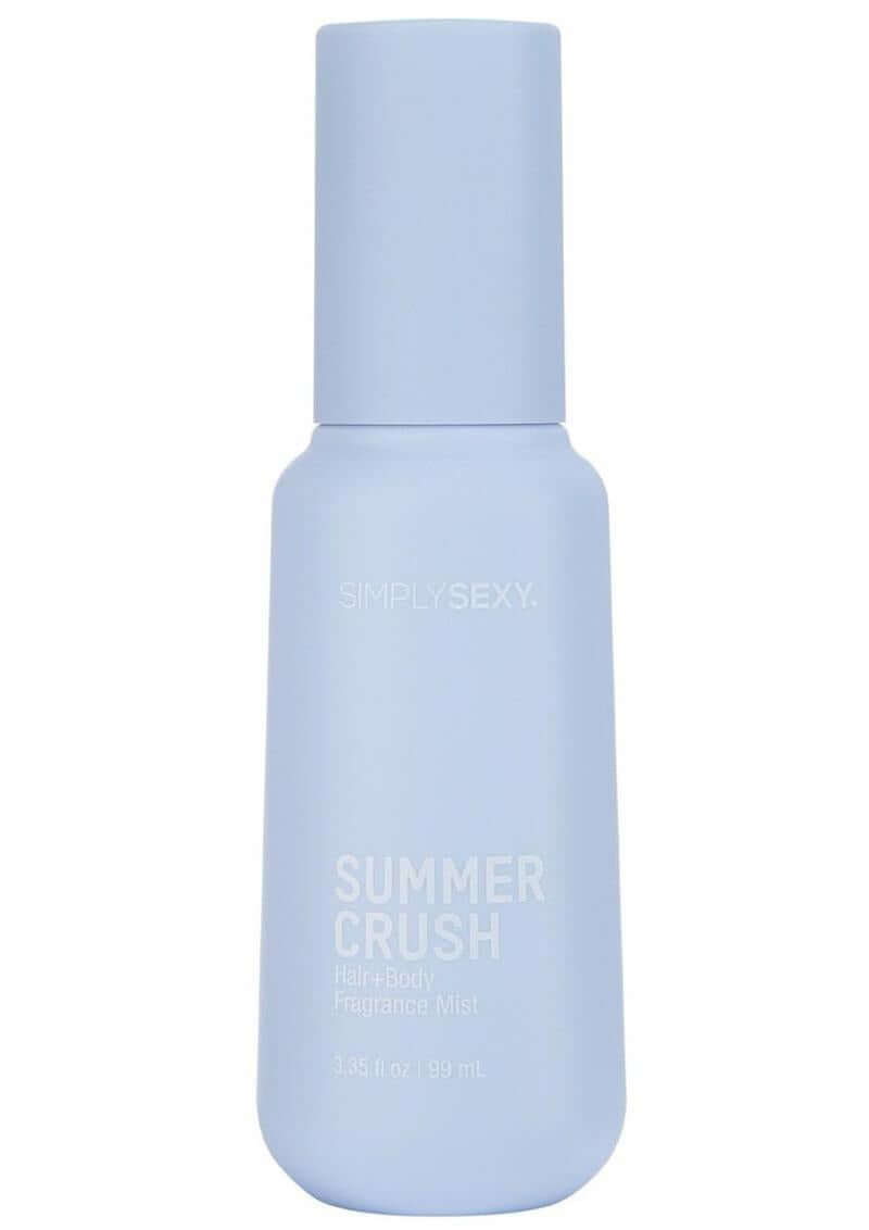 Simply Sexy Pheromone Hair & Body Mist Summer Crush 3.35 Oz in a light blue bottle.