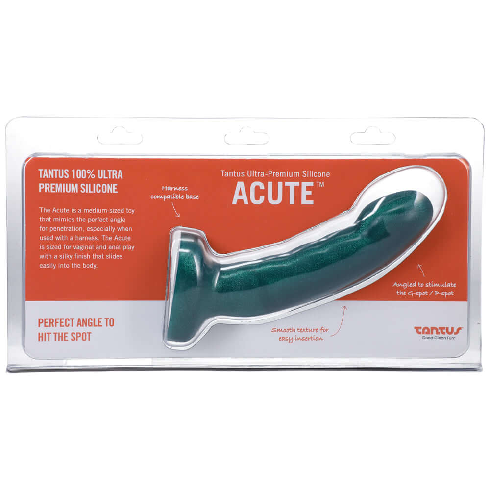 Tantus Acute 5.5 inches Curved Dildo Medium Firm Emerald packaging showing its ergonomic design and premium materials.