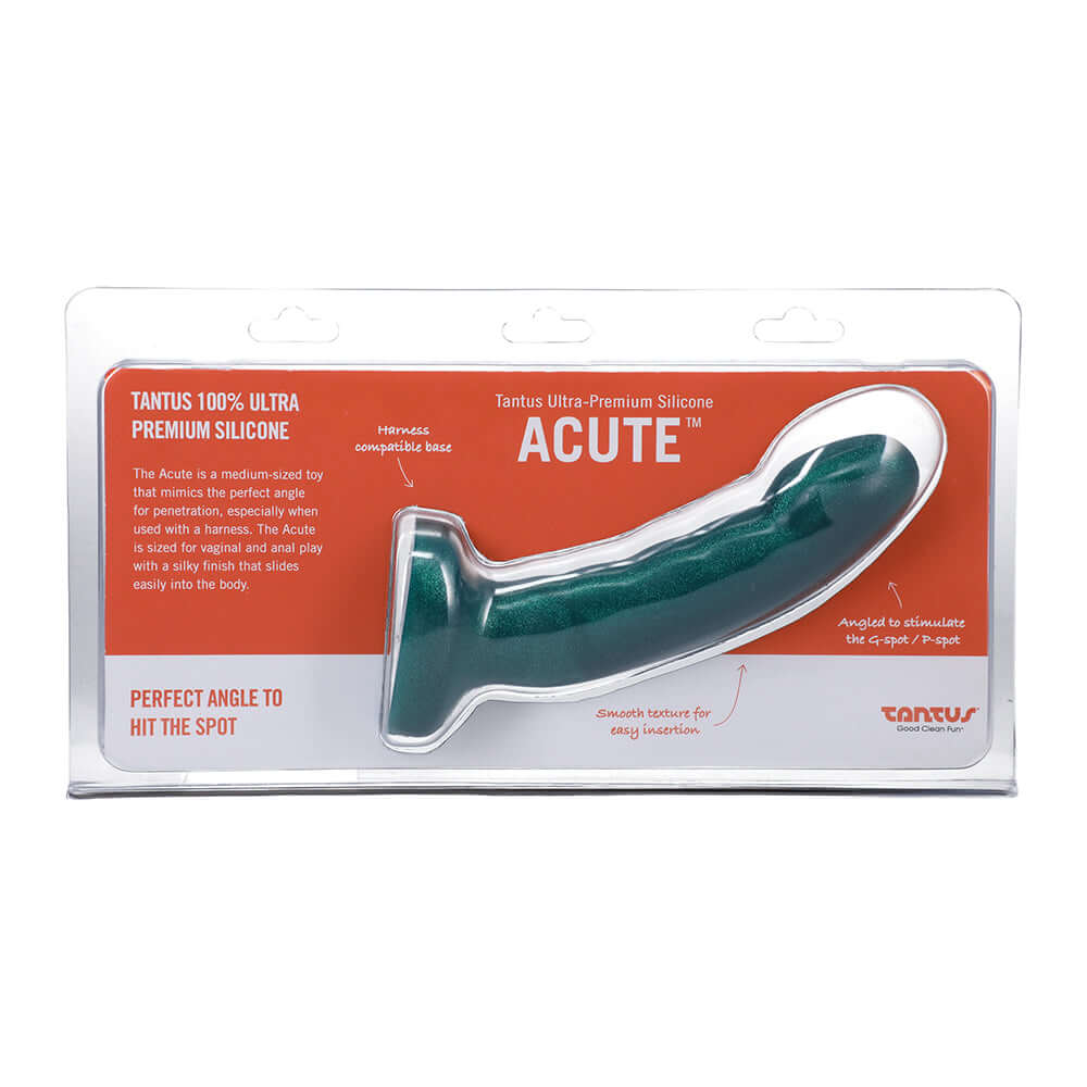 Tantus Acute 5.5 Inch Curved Dildo Medium-firm Emerald in packaging showing its design for comfort and pleasure.