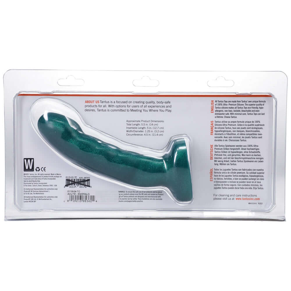 Tantus Acute 5.5 inches Curved Dildo Medium Firm Emerald in packaging with description and care instructions.