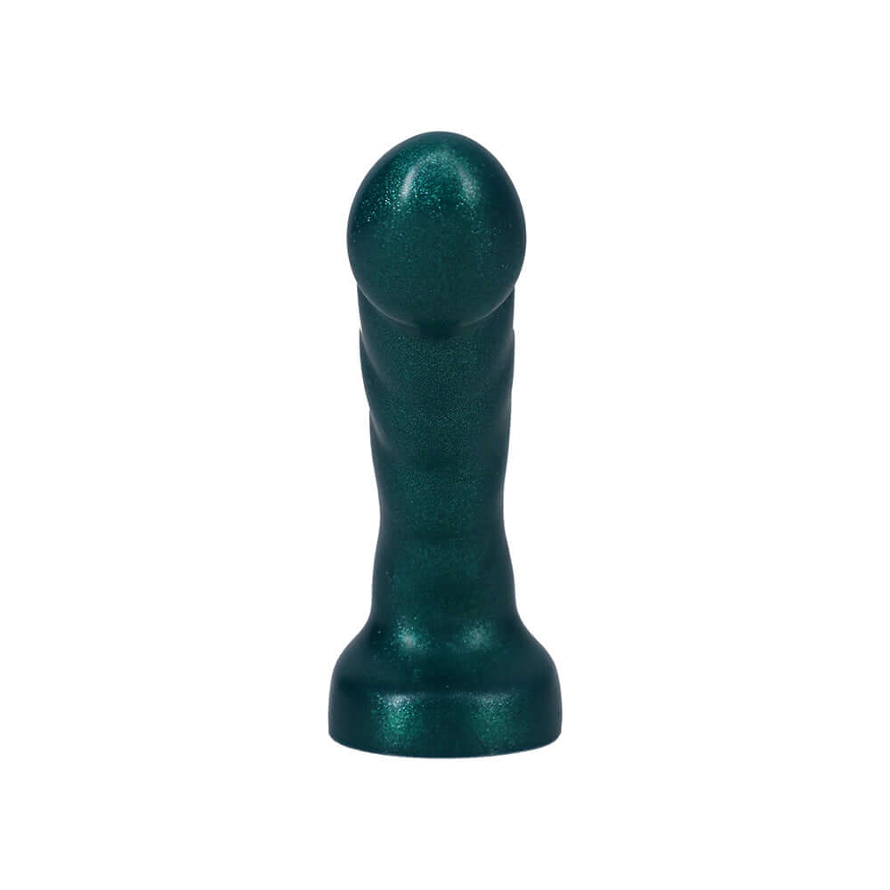 Tantus Acute 5.5 Inch Curved Dildo Medium-firm Emerald showing a textured, curved design in a vibrant emerald color.