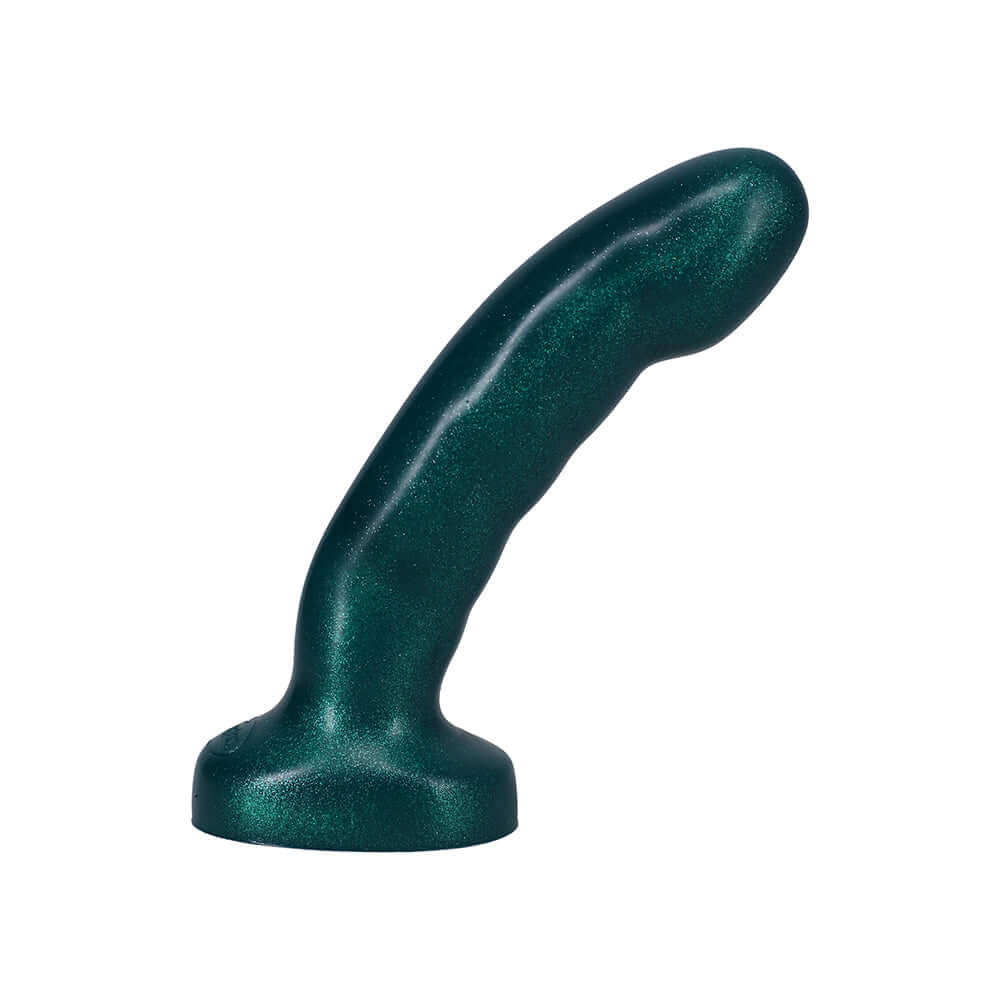 Tantus Acute 5.5 Inch Curved Dildo Medium-firm Emerald with textured ridges for versatile intimate use.