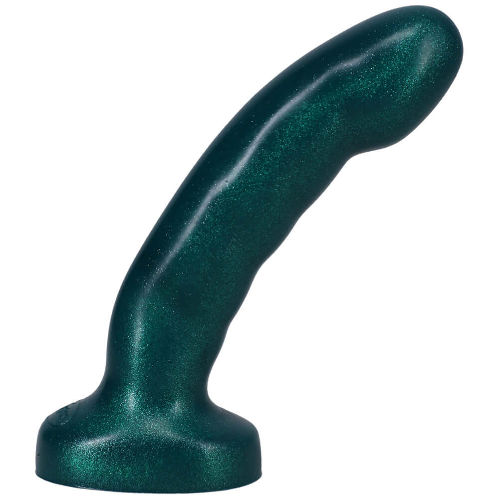 Tantus Acute 5.5 inches Curved Dildo Medium Firm Emerald with a gently curved shape and textured ridges.