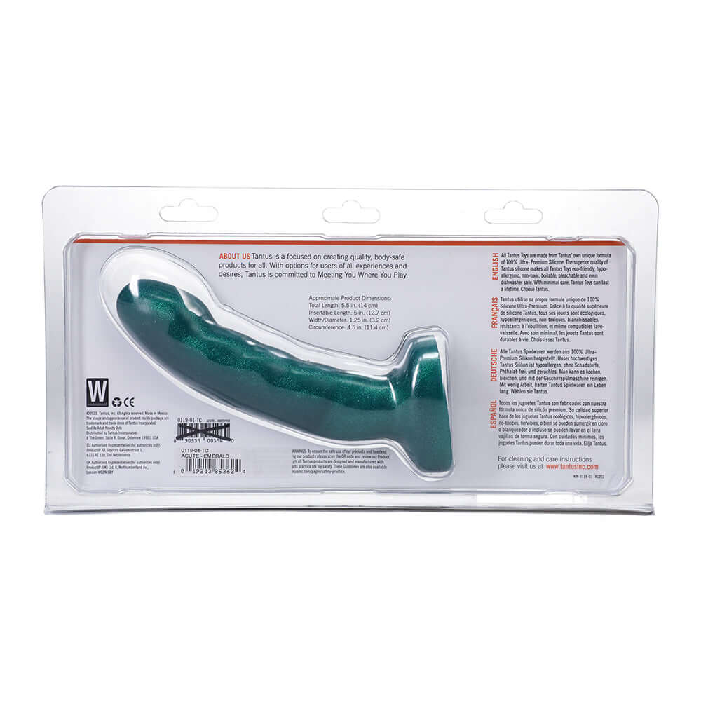 Tantus Acute 5.5 Inch Curved Dildo Medium-firm Emerald packaging showing product design and features.