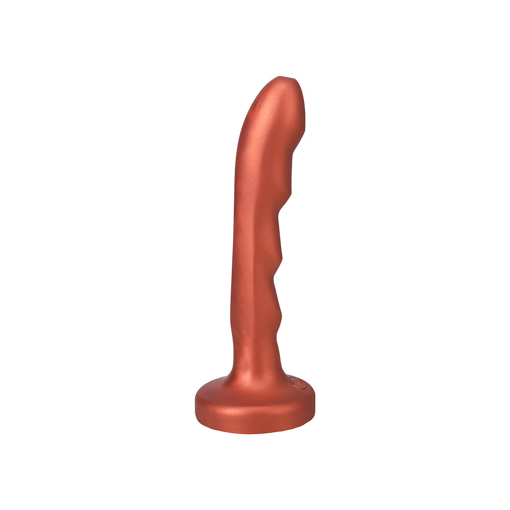 Tantus Charmer 8 inch G-spot Dildo Firm Copper showcasing its sculpted design and pronounced ridges for targeted stimulation.