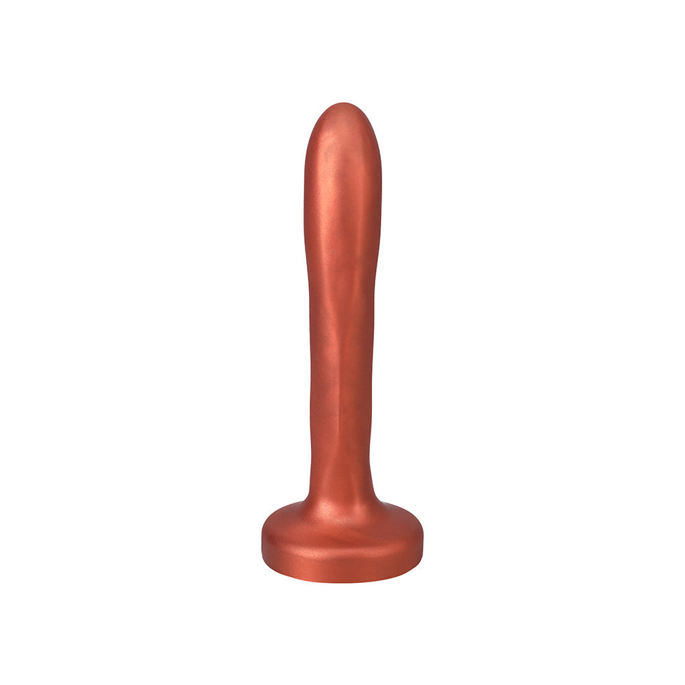Tantus Charmer 8 inch G-spot Dildo Firm Copper displayed against a white background to highlight its design and features.