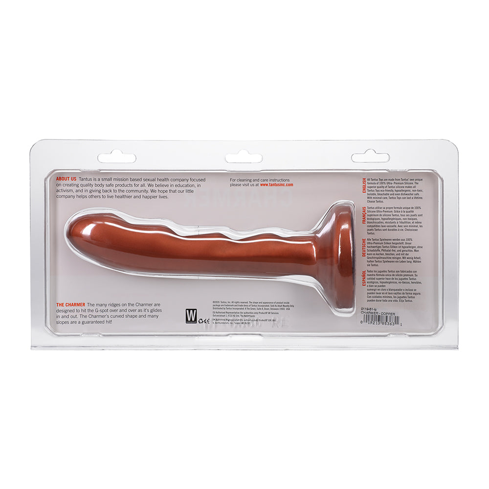 Tantus Charmer 8 inch G-spot Dildo Firm Copper packaging with product description.