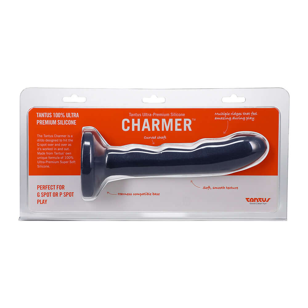 Tantus Charmer 8 Inch G-spot Dildo Sapphire displayed in packaging showcasing its design and features.