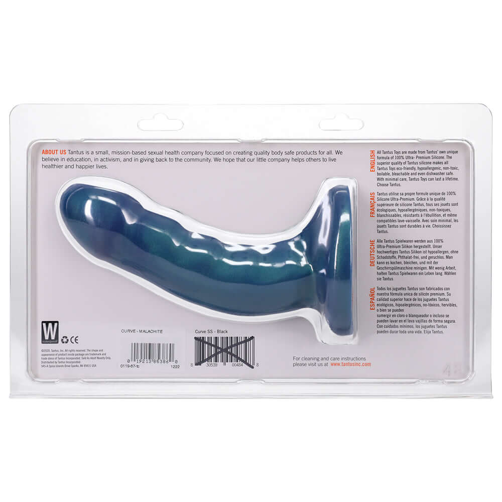 Tantus Curve 6.5 inches Dildo Soft Malachite packaging showcasing the unique design for targeted internal stimulation.