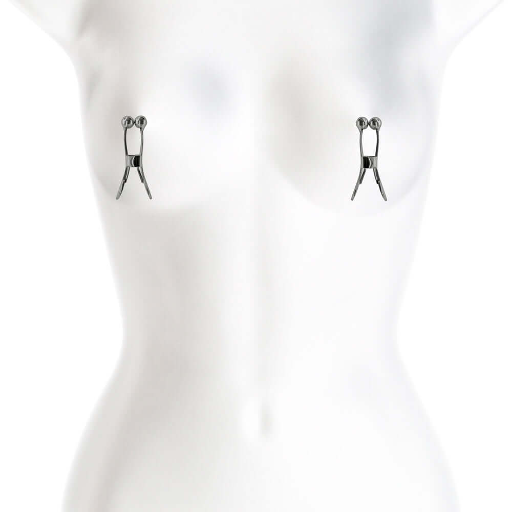 Bound Nipple Clamps C1 Gunmetal on a mannequin showcasing adjustable pressure and sleek design.