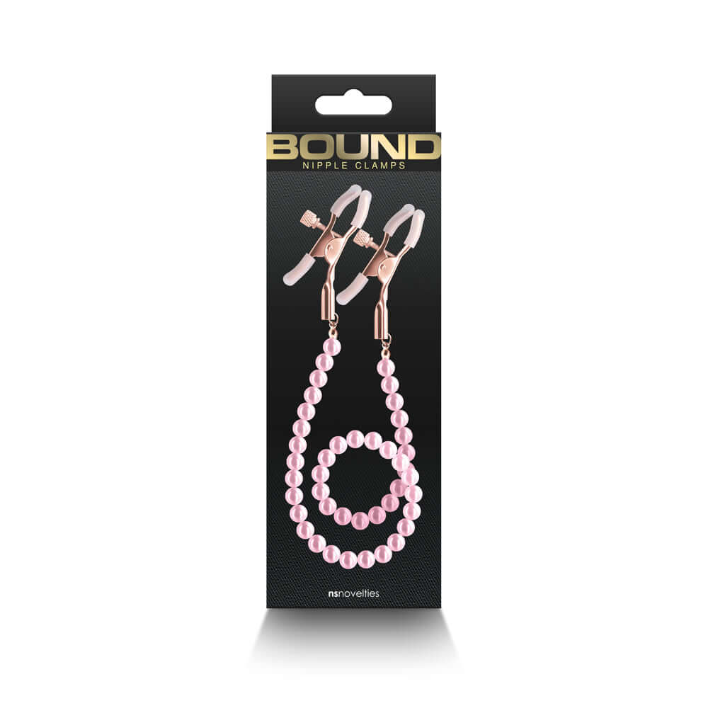 Bound Nipple Clamps Pink packaging featuring adjustable clamps with a sleek design and pink bead chain.