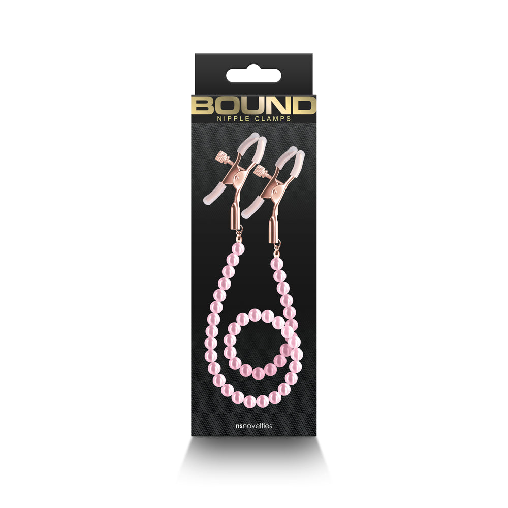 Bound Nipple Clamps Pink packaging featuring sleek design and adjustable clips for sensory play.