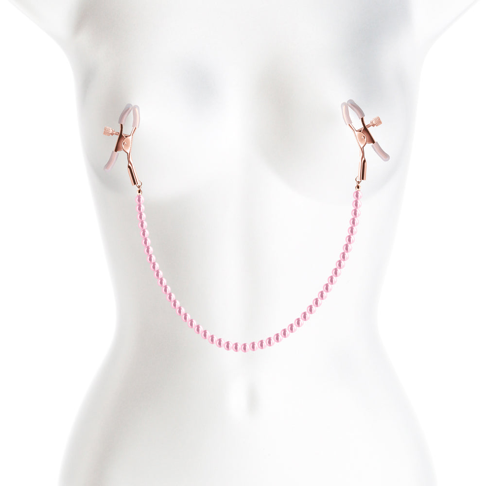 Bound Nipple Clamps Pink with a chain connecting the clamps for sensory play and stimulation.