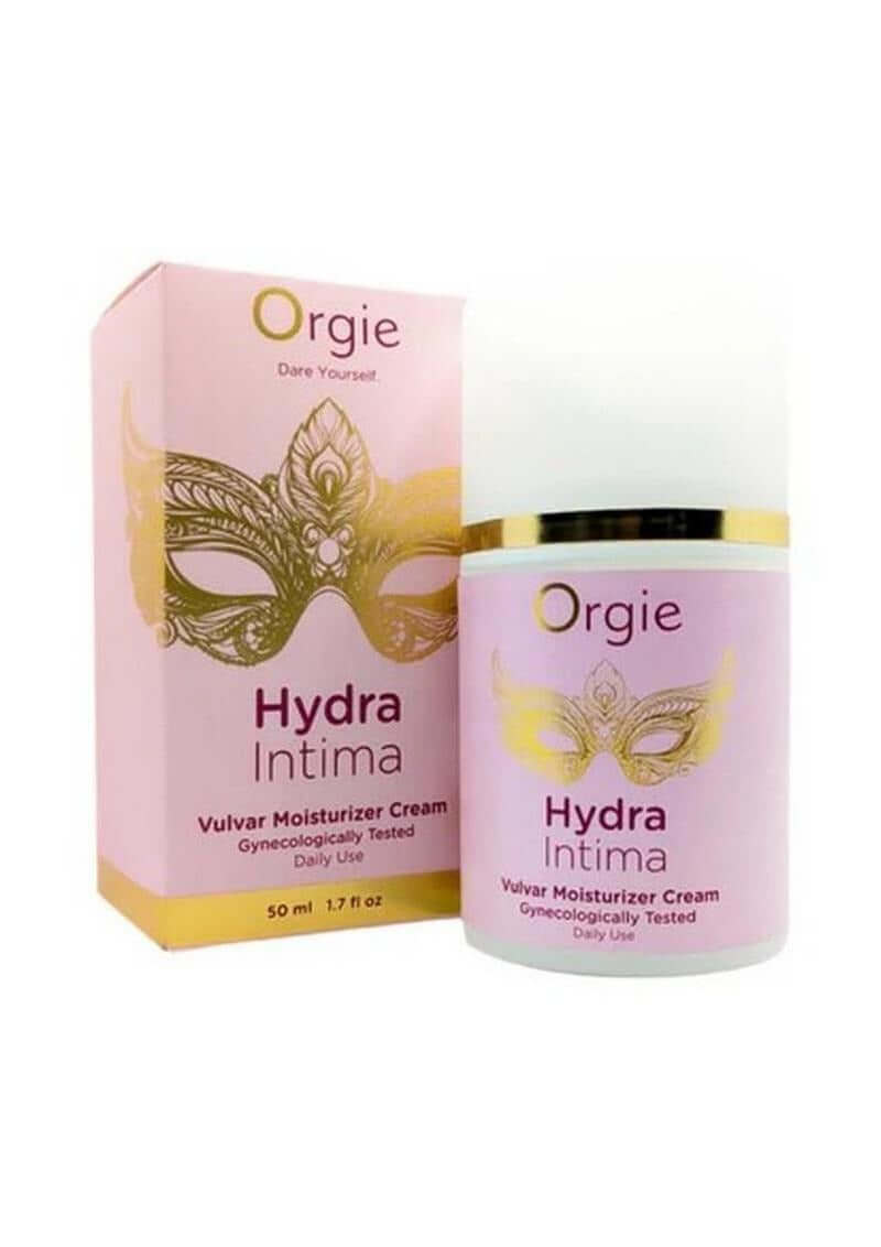 Orgie Hydra Intimate Vulvar Moisturizer Cream 1.7 Oz in pink packaging with a mask design for intimate care.