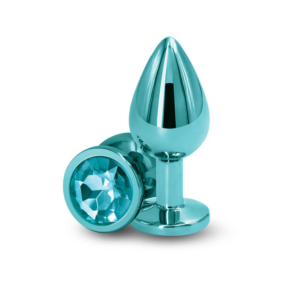 Rear Assets Metal Anal Plug Medium Teal with chrome-plated aluminum and jewel accent for stylish performance.