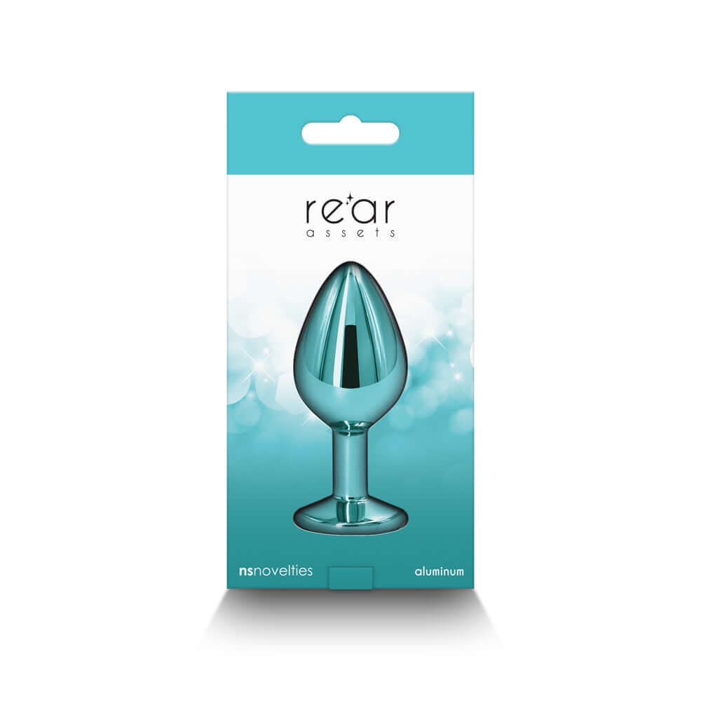Rear Assets Metal Anal Plug Medium Teal in packaging, featuring a sleek chrome-plated aluminum design.